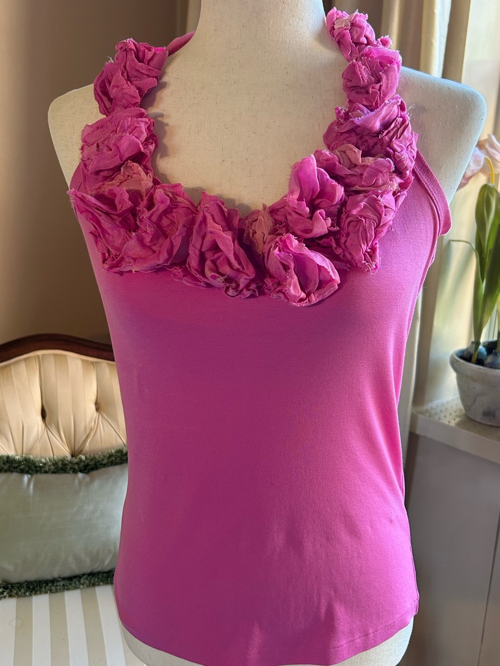 Ralph Lauren Black Label Fuchsia Halter Top with Floral Neckline